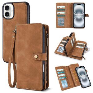 🆕Brown PU Leather Wallet Case for iPhone 16 – Magnetic Detachable 6.1" Cover